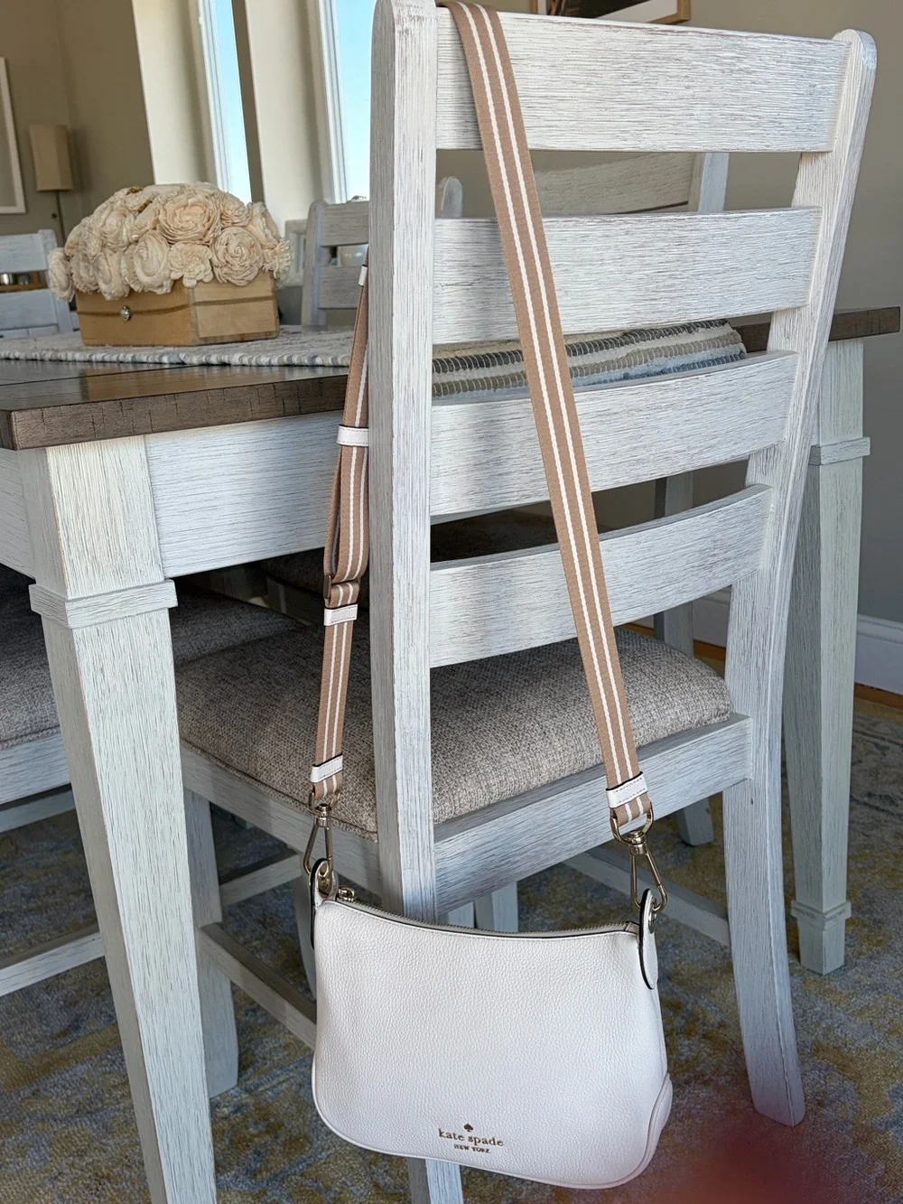 Kate Spade Ivory White Pebbled Leather Crossbody with Tan Striped Strap Like New